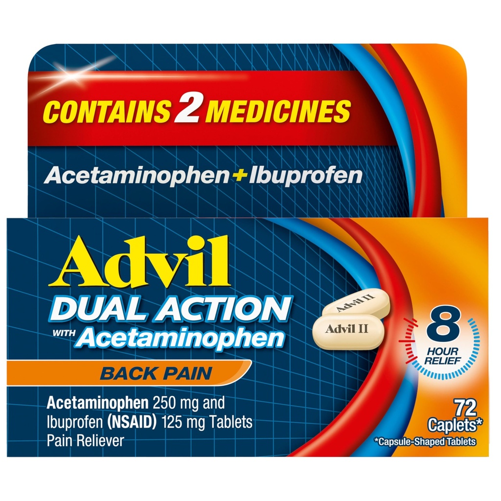 Advil Dual Acţiune înapoi Caplete de durere Livrează 250 mg Ibuprofen şi 500 mg Acetaminofen per doză timp de 8 ore de ajutor dureri de spate - 72 Conte
