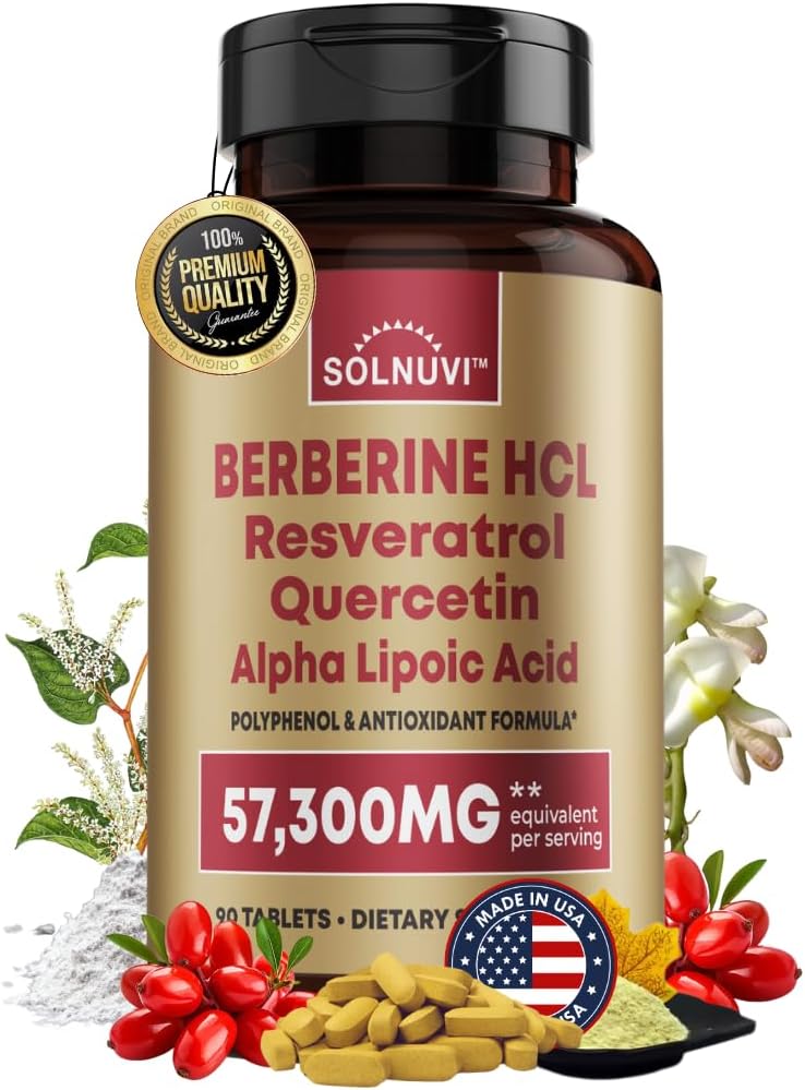 Premium Berberine Supliment cu Resveratrol Quercetin Alpha Acid lipoic - 50:1 Berberine HCl Complex potent Antioxidanti, Polifenoli, Vitality Boost - 90 comprimate Vegan, Non-GMO, Gluten-Free