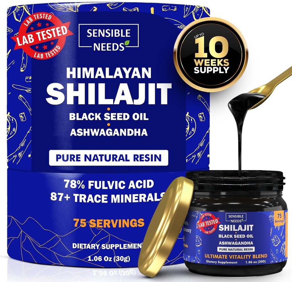 Pure Himalayan Shilajit Organic Resin Supliment, Shilajit pentru bărbați și femei cu ulei de semințe negru & Ashwagandha, Energie, Imunitate, 78% Acid pelvian, 87+ Trace Minerale, 400mg