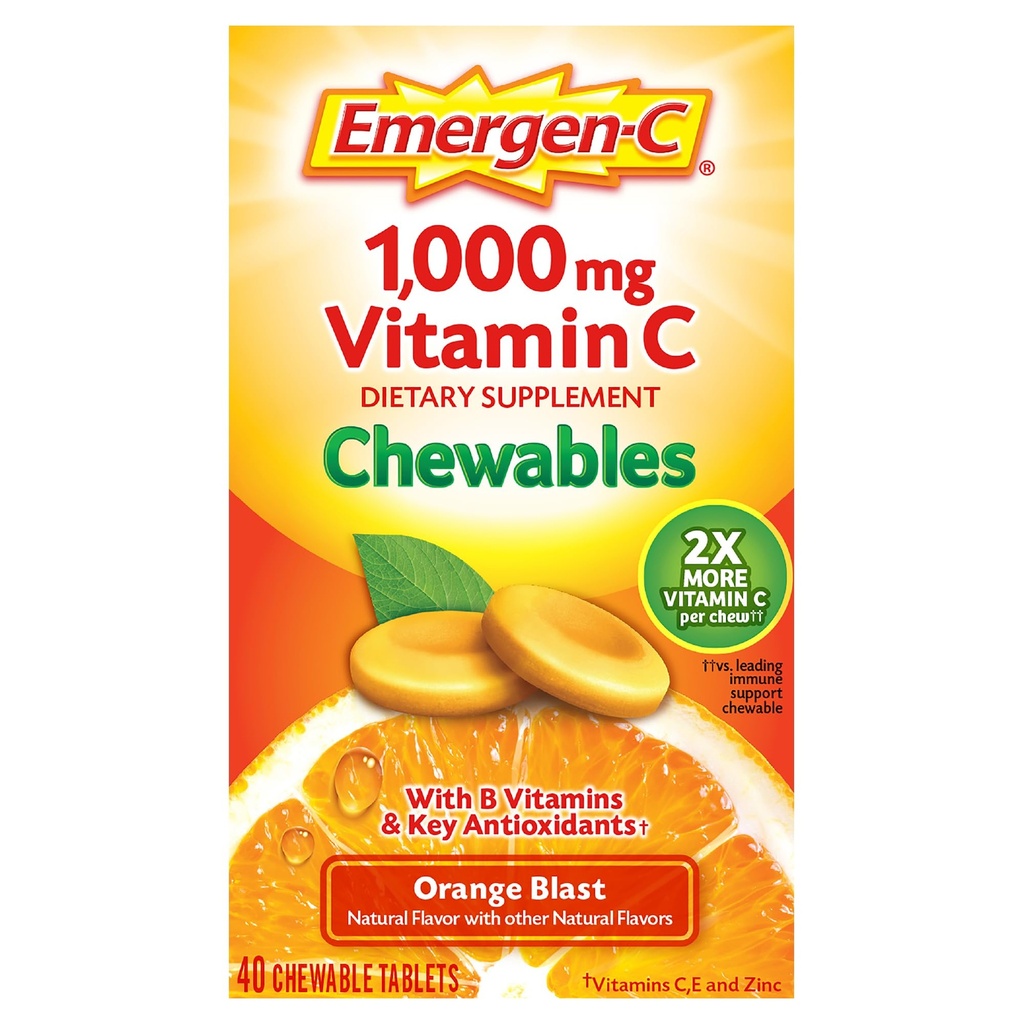 Emergen-C Vitamine masticabile C 1000mg, cu vitamine B și antioxidanți comprimat (40 Număr, Orange Blast Flavor), Supliment alimentar