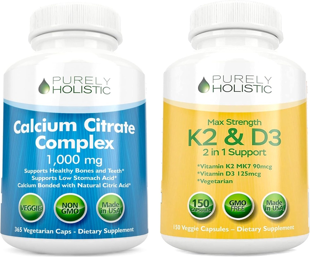 Complex de citrat de calciu pur holistic 1000mg + Vitamina D3 125mcg K2 MK7 90mcg - 365 Capsule Vegane + 150 Capsule vegetariene Bundle - Made in USA