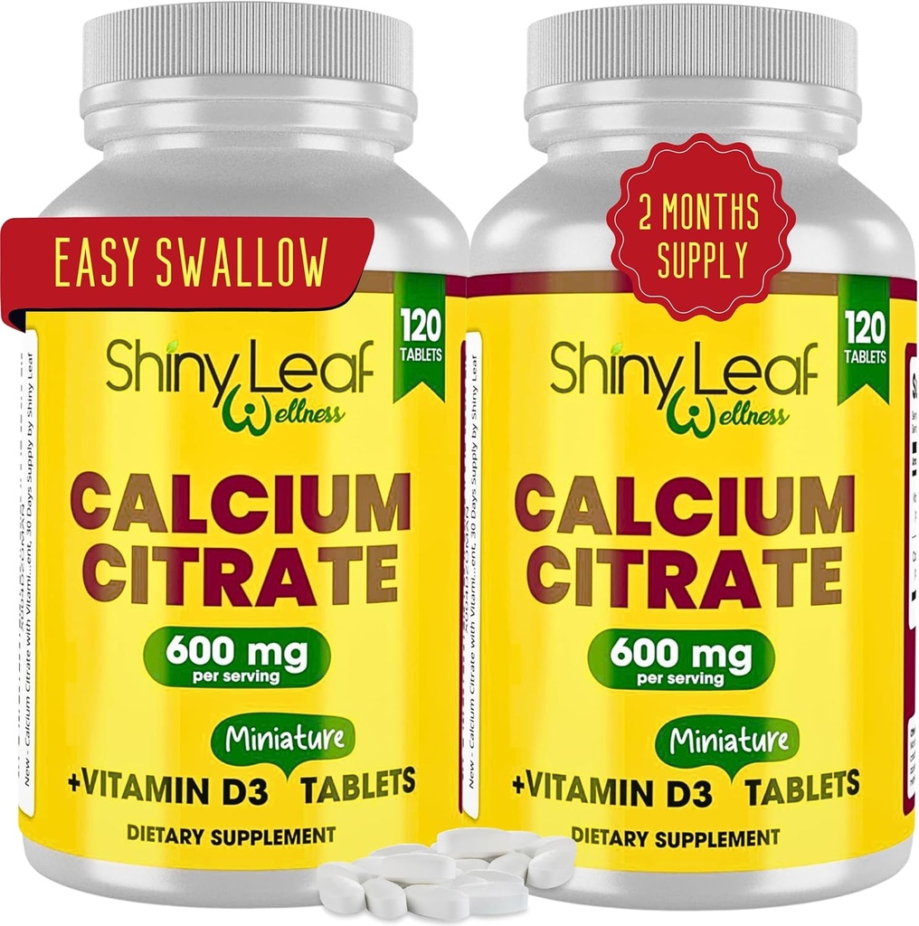 Shiny Leaf Calciu Minis 600 mg - Tablete zilnice de calciu Citrate 600 mg Plus Vitamina D3 pentru Bariatric Post-Op și Gastric Bypass pentru femei și bărbați, ușor de înghițit, Made in USA, Vegetarian - 240 Ct.