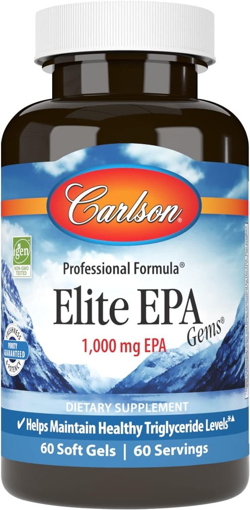 Carlson - Elite EPA Gems, 1000 mg EPA ulei de pește, Wild-Caught, Norvegian ulei de pește, Sustainable Soursed, Ajuta la menținerea nivelului sănătos de trigliceride, 60 Softgels