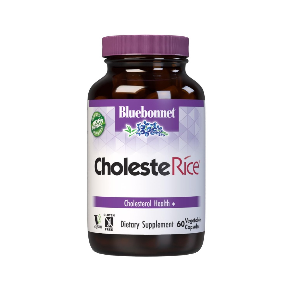 Bluebonnet Nutrition ColesteRice Capsule vegetale, Red Yeast Rice, Plant Sterols, Pantetine, CoQ10, Policosanol, Vegan, Vegetarian, Non OMG, Gluten Free, Milk Free, SOY-FREE, 60 Capsule vegetale
