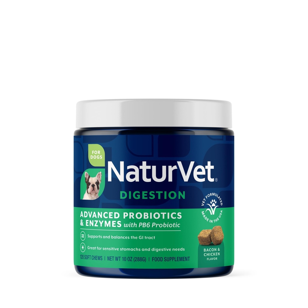 NaturVet Probiotice avansate & enzime, PB6 Dog Chews moale pentru a ajuta stomacuri sensibile și probleme digestive, Hickory Smoked Bacon aroma Suplimentul pentru animale de companie pentru câini peste 6 săptămâni, 120 Conte Jar