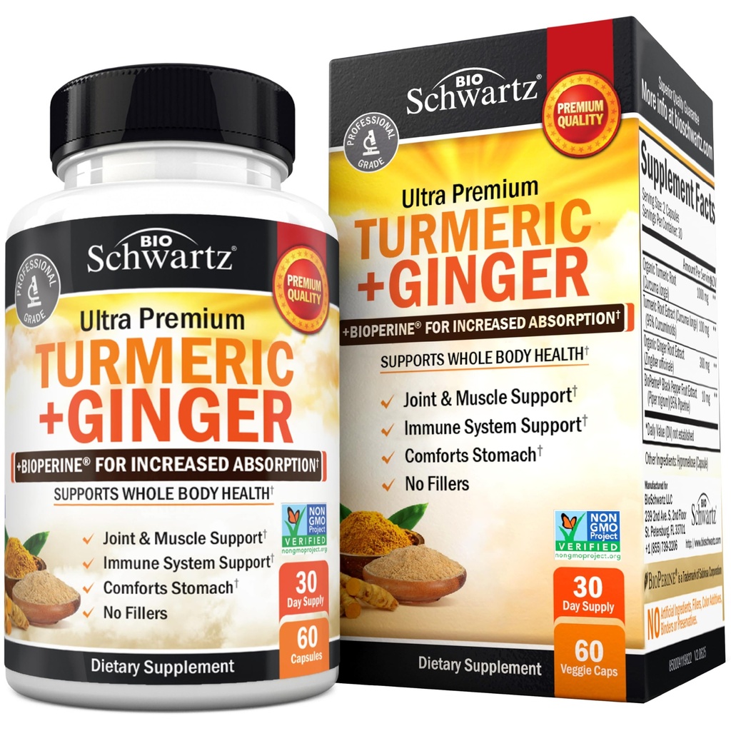 Curcumina turmerica si Suplimentul de ghimbir - 95% Curcuminoide standardizate cu extract de piper negru BioPerine pentru absorbtie Ultra mare - Supliment de suport comun natural - Gluten-free - 60 capsule