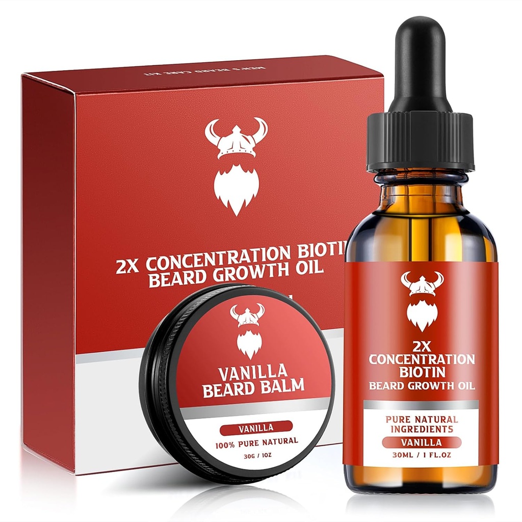 Kit de crestere barbă - 2X Biotina concentrație pentru bărbați, ingrediente naturale cu ulei de argan, ulei de jojoba și vitamina (Vanilla)