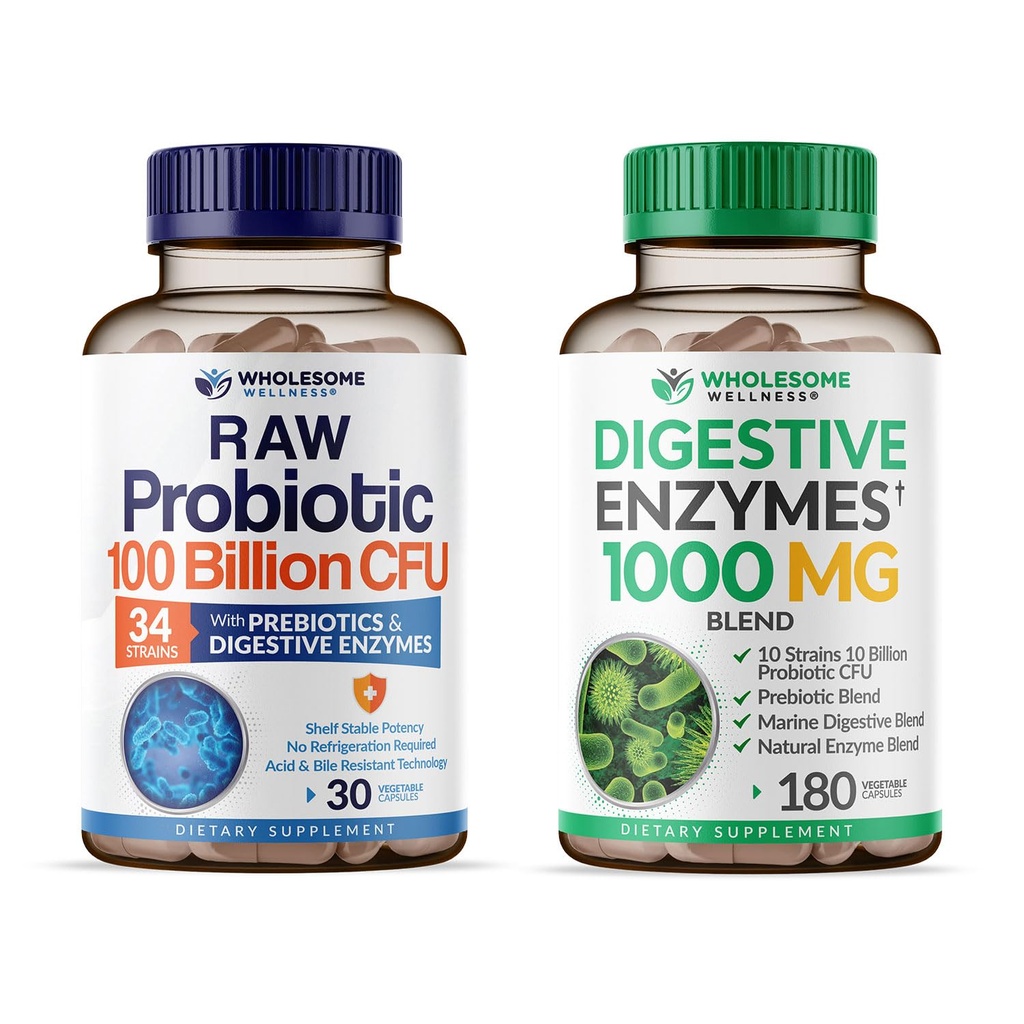 wellness sănătos Probiotice organice 100 miliarde CFU + enzime digestive 1000 mg cu prebiotice Bundle