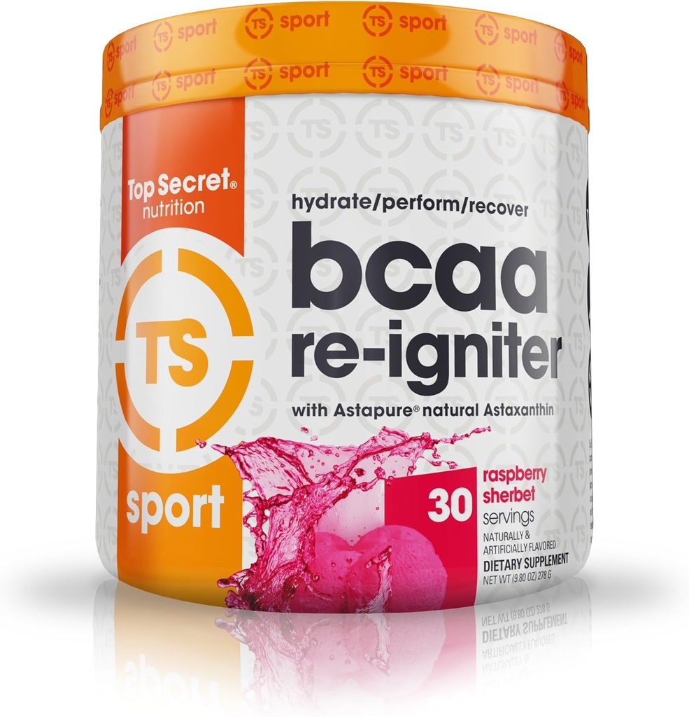 Top Secret Nutrition BCAA Re-Igniter Vegan Amino Acid Supliment cu Astaxantină și Electrolit, Hydration Blend cu apă de cocos, 9.80 oz (30 portii), Raspberry Sherbet