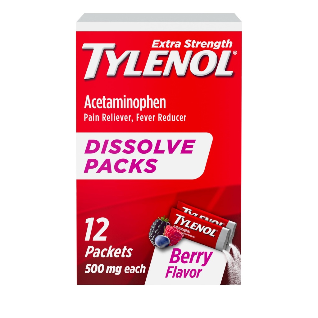 Ambalaje extra- concentraţie Tylenol, 500 mg Acetaminofen Durere Reliever & Fever Reductor, Pachete cu pulbere pentru dureri şi dureri minore, Ibuprofen- & Aspirină-Free, Aroma Berry, 12 ct