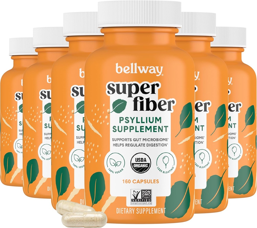 Capsulele Bellway Super Fiber (6 Pack) - USDA Capsule organice Psyllium Husk - Suplimentul zilnic Psyllium Husk Fiber pentru Sănătate Digestivă și Regularitate, Pe bază de plante, Non-GMO, Kosher - 960 Capsule
