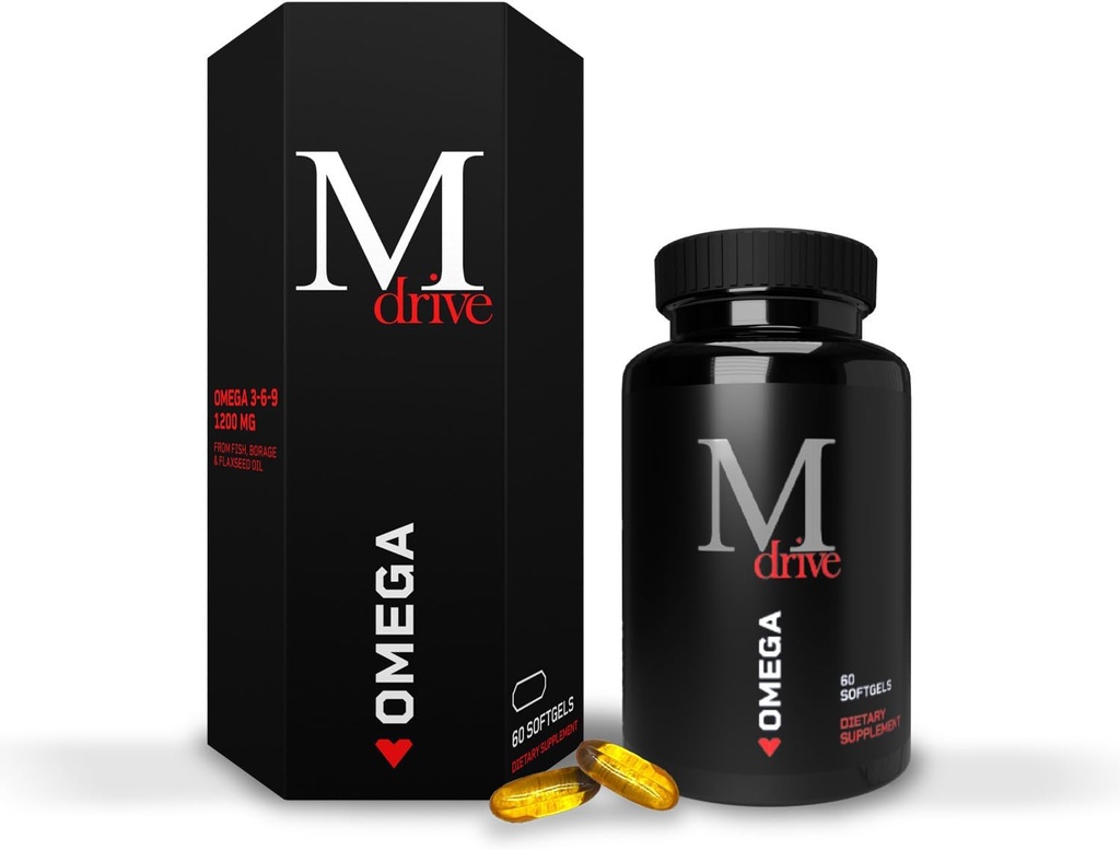 Mdrive Omega 3 ulei de pește pentru bărbați, Omega 3-6-9 1200 mg de pește, Borage și ulei de semințe de in, Inimă de sprijin, creier, piele și sănătate comună, 60 Conte