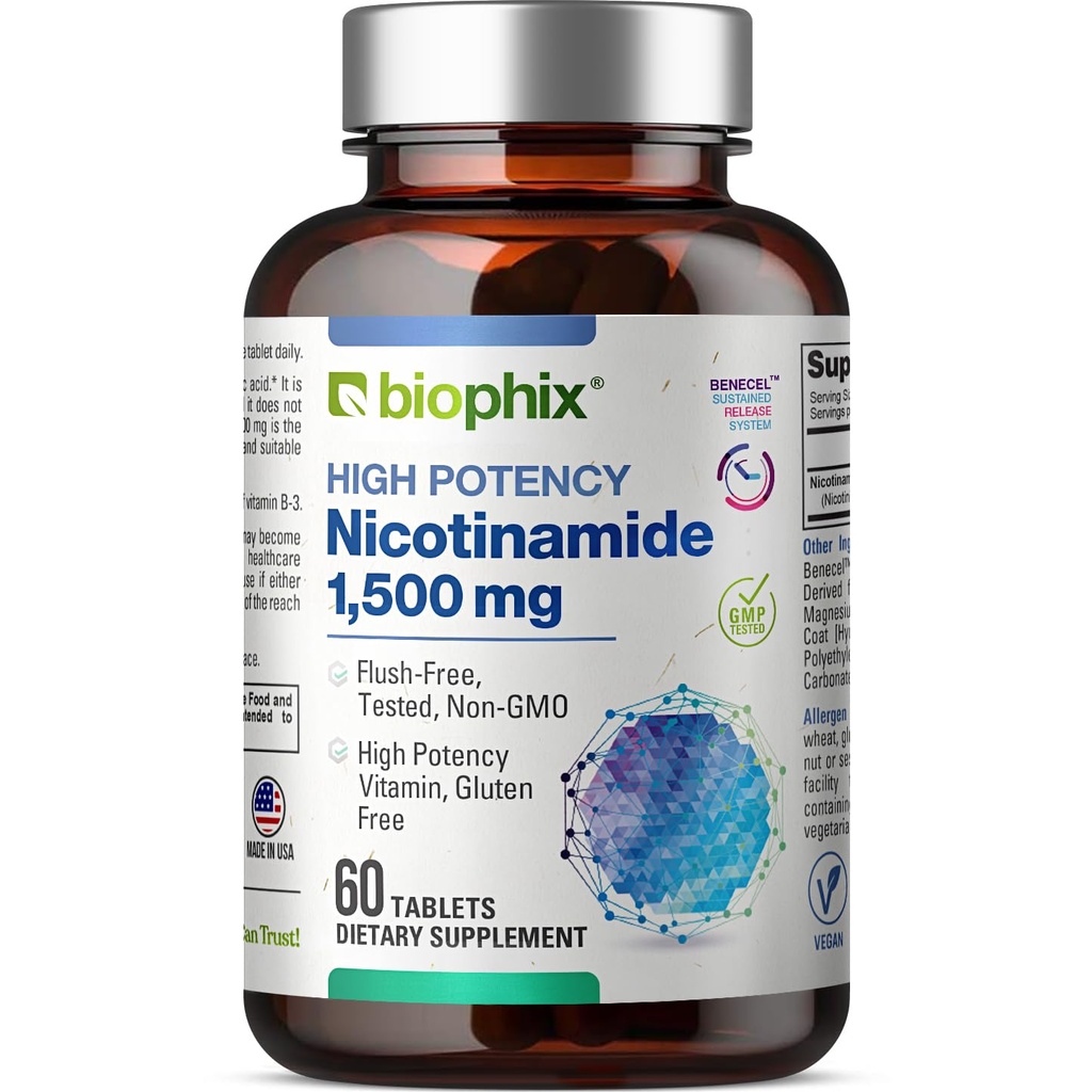 biophix B-3 Nicotinamidă 1500 mg 60 comprimate Concentraţia maximă - Niacin amidic Formula de vitamina fără culoare naturală - Susţine sănătatea celulelor cutanate
