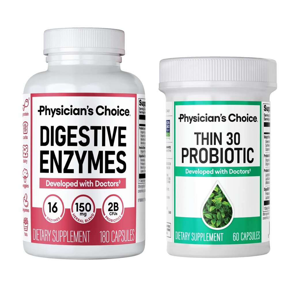CHOICE medicului - Bate Bloat + Suport de management al greutății Bundle: Enzime digestive 180ct + Thin-30 Probiotic 60ct - Value Pack