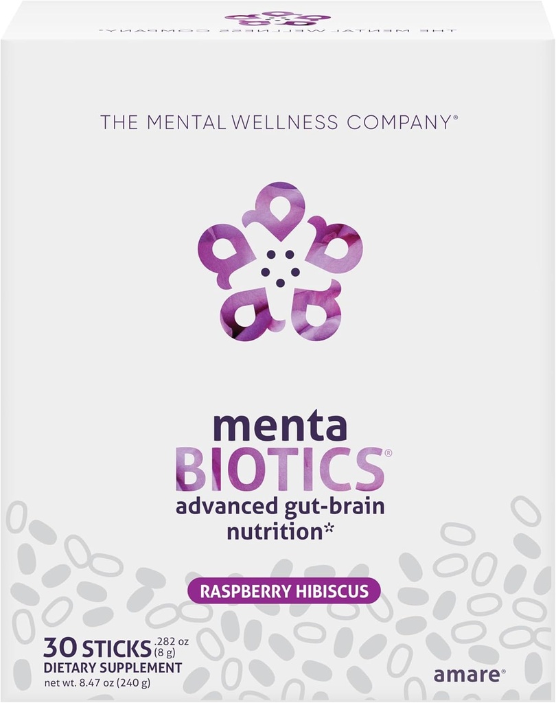 MentaBiotics® Advance Gut Brain Nutrition Prebiotic, Probiotic, și Fitobiotice, Raspberry Hibiscus, 30 Servings