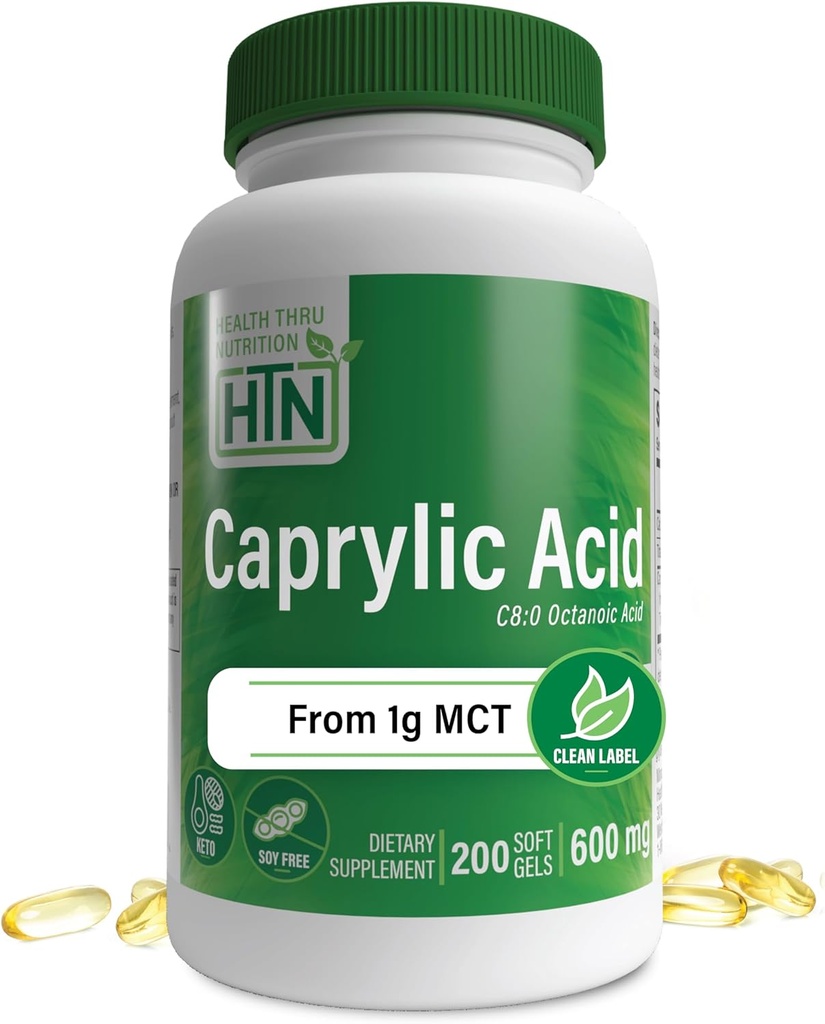 Health Thru Nutrition Caprylic Acid 600mg 200 Softgels | C8 Octanoic Acid from Pure 1g MCT Oil | Non-GMO & Soy Free | Support Healthy Digestive and Intestinal Health | Keto Friendly