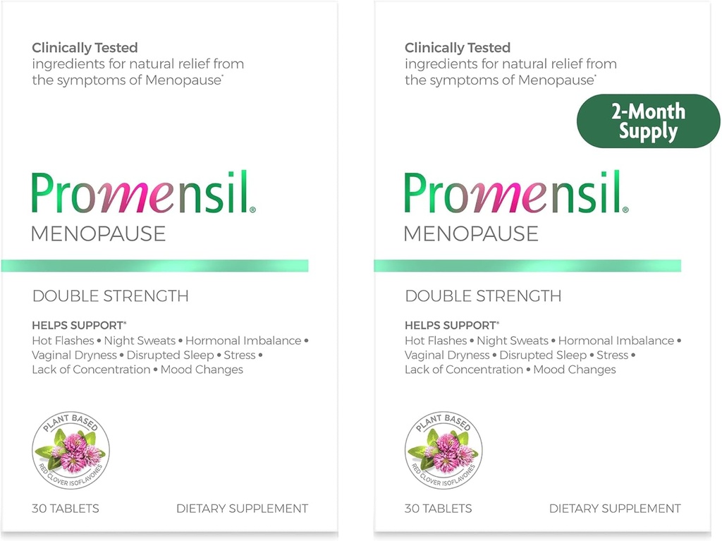 Promensil Menopause Dublu Suplimente de putere pentru femei - Red Clover Isoflavone, Ajuta la suport Flash-uri fierbinți, transpirații de noapte, neliniște - 30 Conte (Pachet de 2)