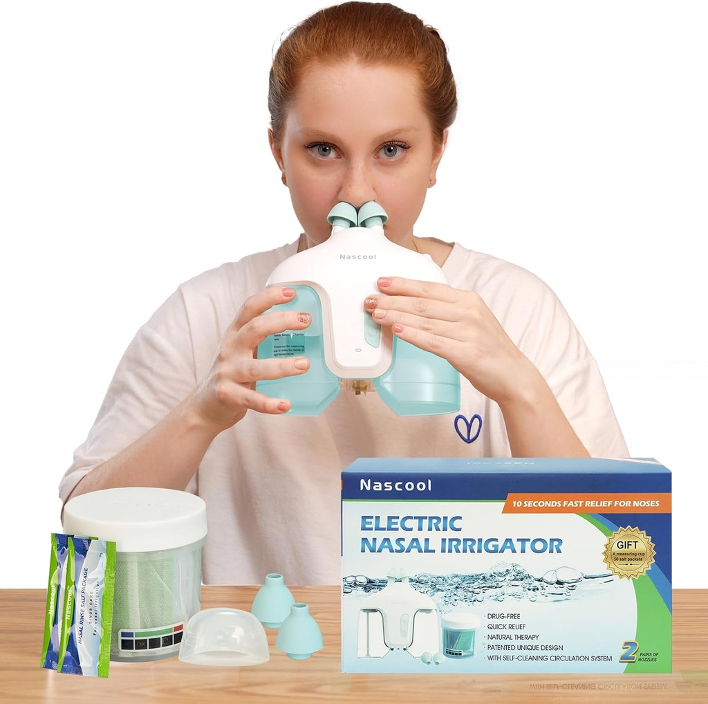 Sistem de irigare nazala electrica, Curatare nas nas Nasal pentru Sinus Adult, Spalare nas, Sistem Nasal cu 50 Pachete saline (Green)