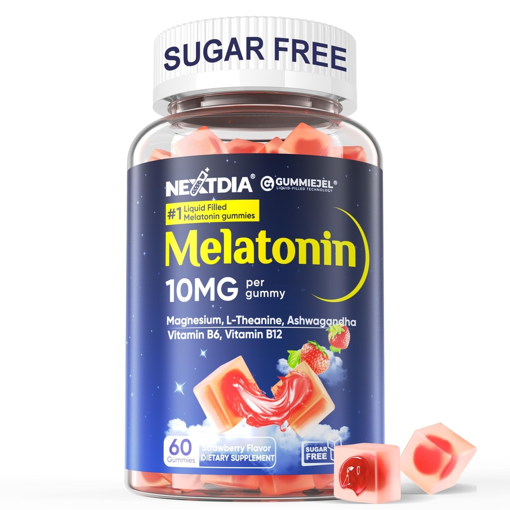 Melatonine fără zahăr Gummies 10mg 20mg Glycinate de magneziu Melatonina pentru adulți, Ashwagandha, L-Theanine, B6, B12, Lemon Balm și musetel pentru relaxare profundă, antioxidant, Vegan, 60 Day