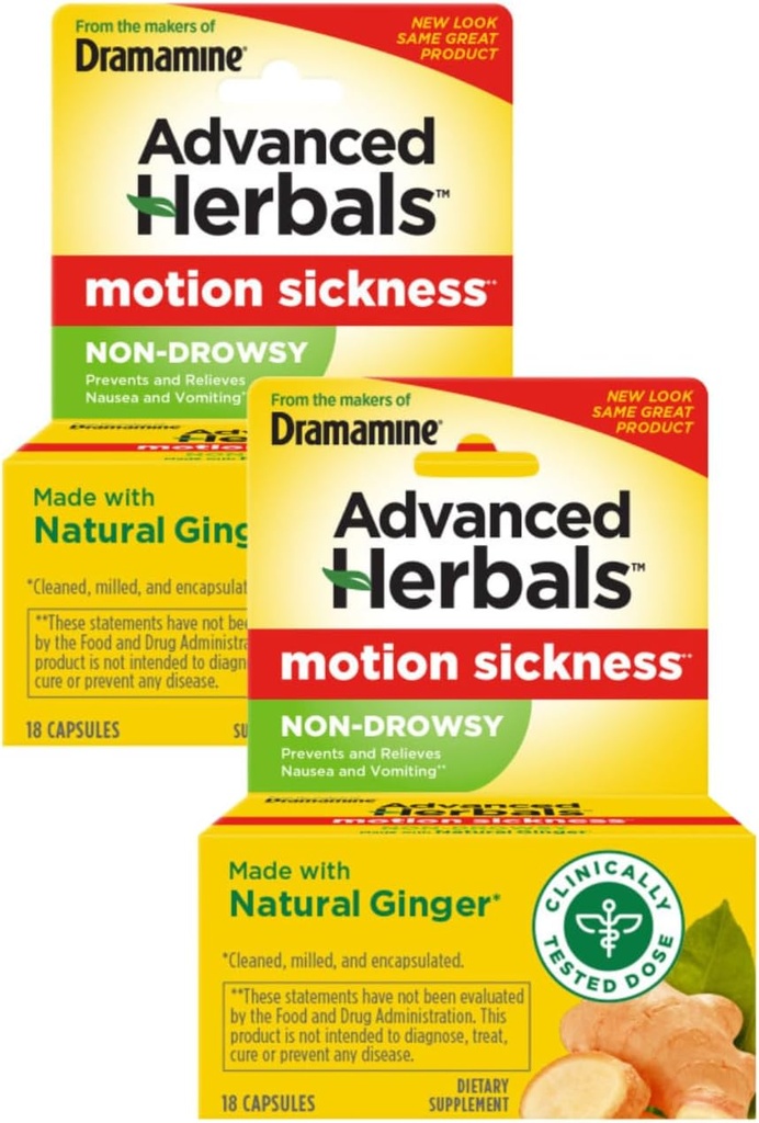 Dramamine Motion Sickness Relief, Non-Drowsy, Naturals with Ginger, 18 CT (Pachet de 2)