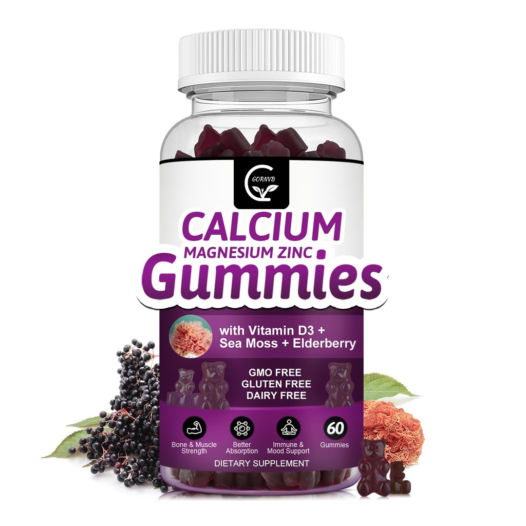 Gume de zinc de calciu de magneziu cu absorbţie mare Magneziu, potasiu, D3 - pentru oase, muşchi, suport imun şi somn, Vegan