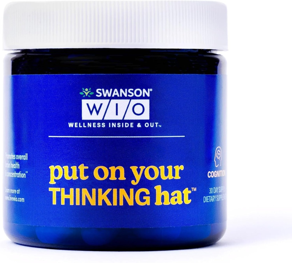 Swanson WIO Pune-ţi pălăria gânditoare Brain Health, Concentrare, Concentrează-te mai bine, Ginkgo Biloba + Neurofactor Coffee Fruit, Vegan, Non-GMO, Wellness, 30 Capsule Veggie (30 de zile de aprovizionare)