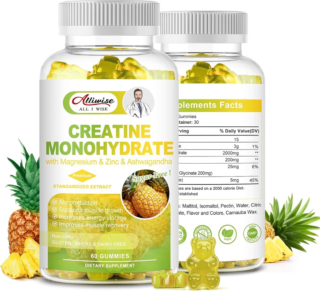 Creatină fără zahăr Monohidrat pentru bărbați și femei, Creatină Monohidrat supliment complex cu magneziu & zinc & Ashwagandha, pentru creștere musculară și rezistență, energie, Pre Workout Supliment