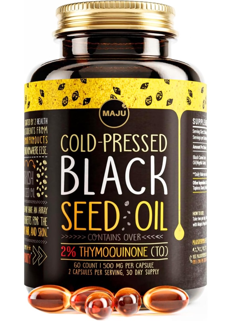 Superalimente Maju Capsule de ulei de semințe negre - presat la rece, 2% Thymochinonă, 100% chimen negru turcesc Nigella Sativa ulei de semințe, lichid pur Blackseed 60 Conte, 500 mg per capsulă