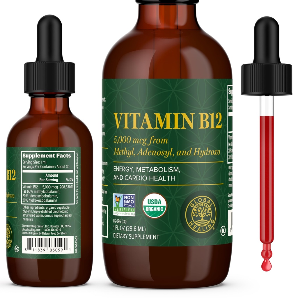 Centrul Global de Vindecare - Vitamina B12 Sublingual 5000 MCG Supliment lichid organic, Methylcobalamină, Adenosylcobalamină, Hydroxo Energie Lungă și Metabolism Sanatos - Vitamine Vegan B12 (1 Oz)