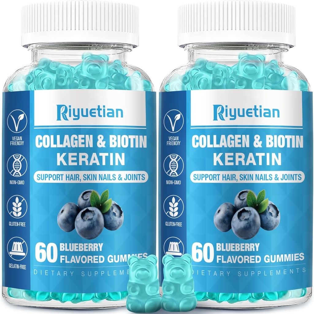 Biotin Gummies 15000mcg cu Colagen pentru adulți Femei și bărbați - Păr, Piele și unghii Gume cu Biotin - Colagen pentru femeie - Vegan, Non-GMO, Vitamine de păr - 120 Conte, 2 Pack