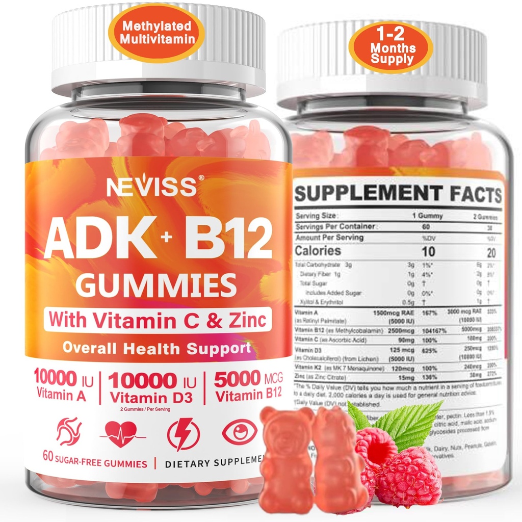 Femei cu multivitamine metilate Bărbați, vitamina D3 K2 5000UI / 10000UI, B12 5000 mcg 2500mcg, K2 (MK-7) 240mcg- ADK+metil Vitamina B12, Vegan D3, Vitamina A,C, Zinc Eye,Bone,Energy,Immune, Sugar-Free Gummies