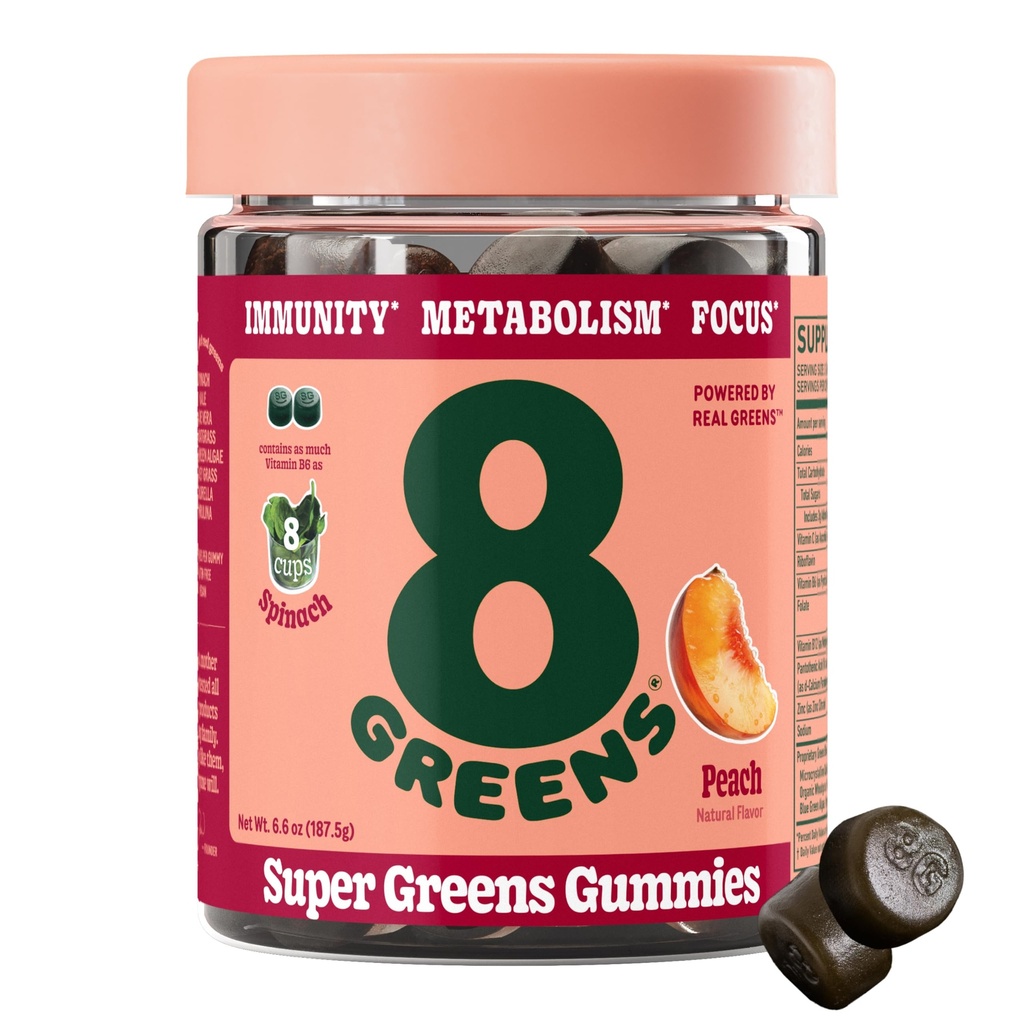 8Greens Supergreens Gummies Super Greens Pulbere Gummy pentru metabolism, Imunitate & Focus, Digestive Health Enzime, Organic: Chlorella, Spirulina, Aloe Vera, Peach Flavor, 50 Conte