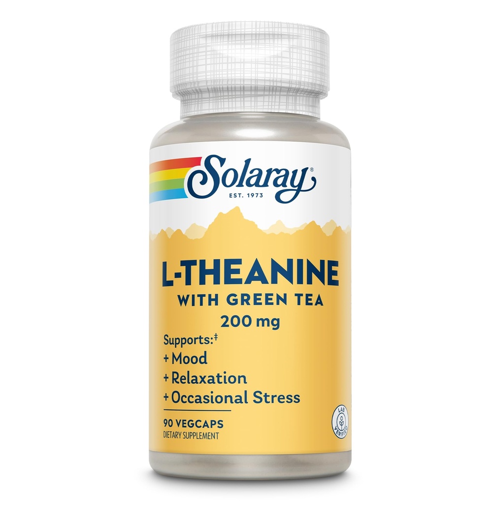 SOLARAY L-Theanine 200mg cu ceai verde - stare de spirit sanatoasa, relaxare si suport de stres ocazional - Lab verificat, Vegan, Gluten gratuit - 90 Serviri, 90 VegCaps