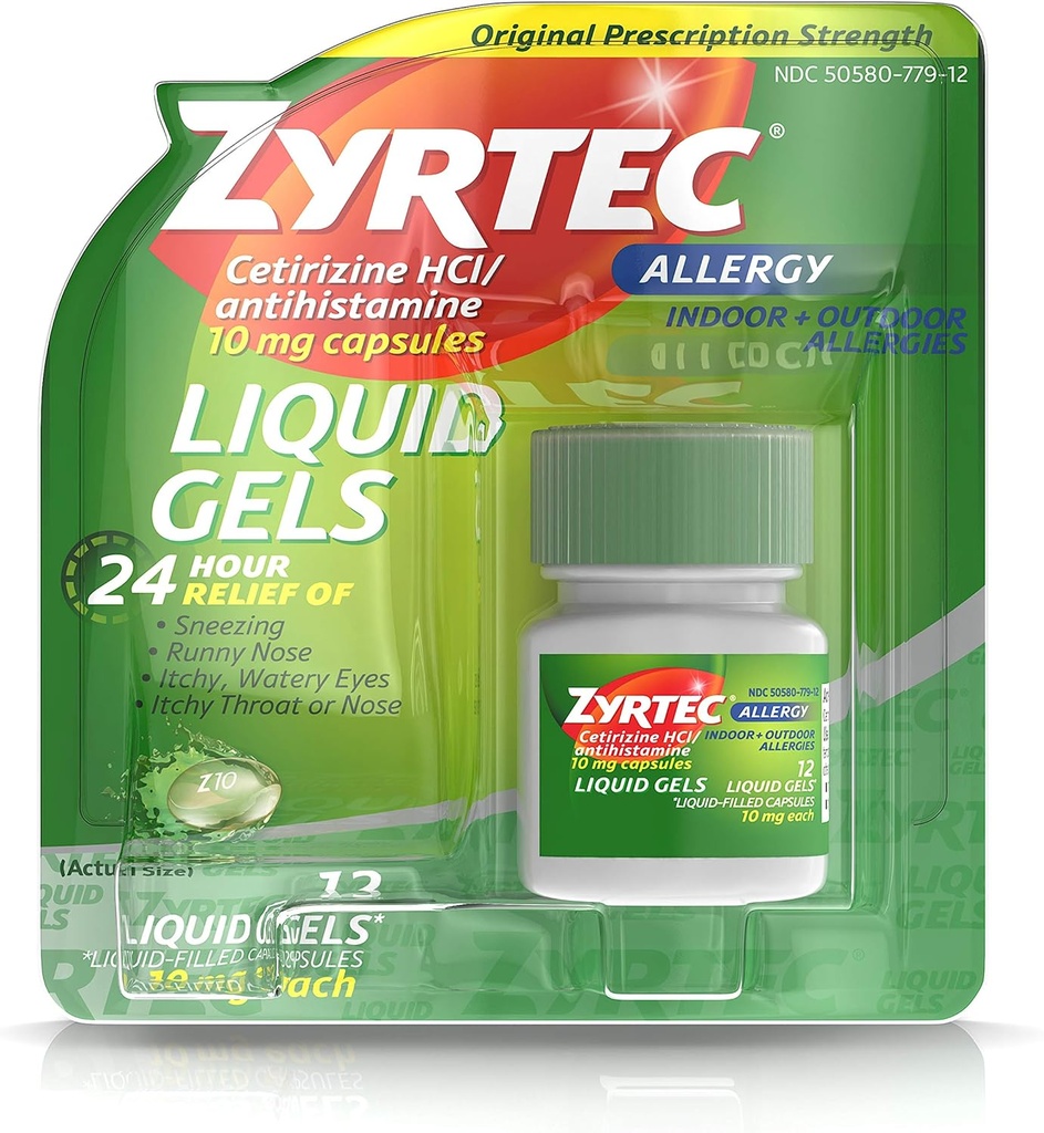 Zyrtec 24 ore Geluri lichide pentru alergii în interior şi în exterior, capsule antihistaminice cu clorhidrat de cetirizină pentru ameliorarea alergiilor în timpul întregii zile, 12 ct (Pachetul din 2)