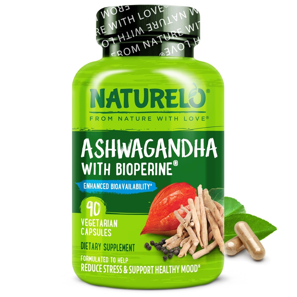 NATURLO Ashwagandha Organic Root Powder - Natural Herbs Supplement for Oboseală, Stres Relief, Mood Enhancer - with Black Pepper Extract - 90 Vegan capsule