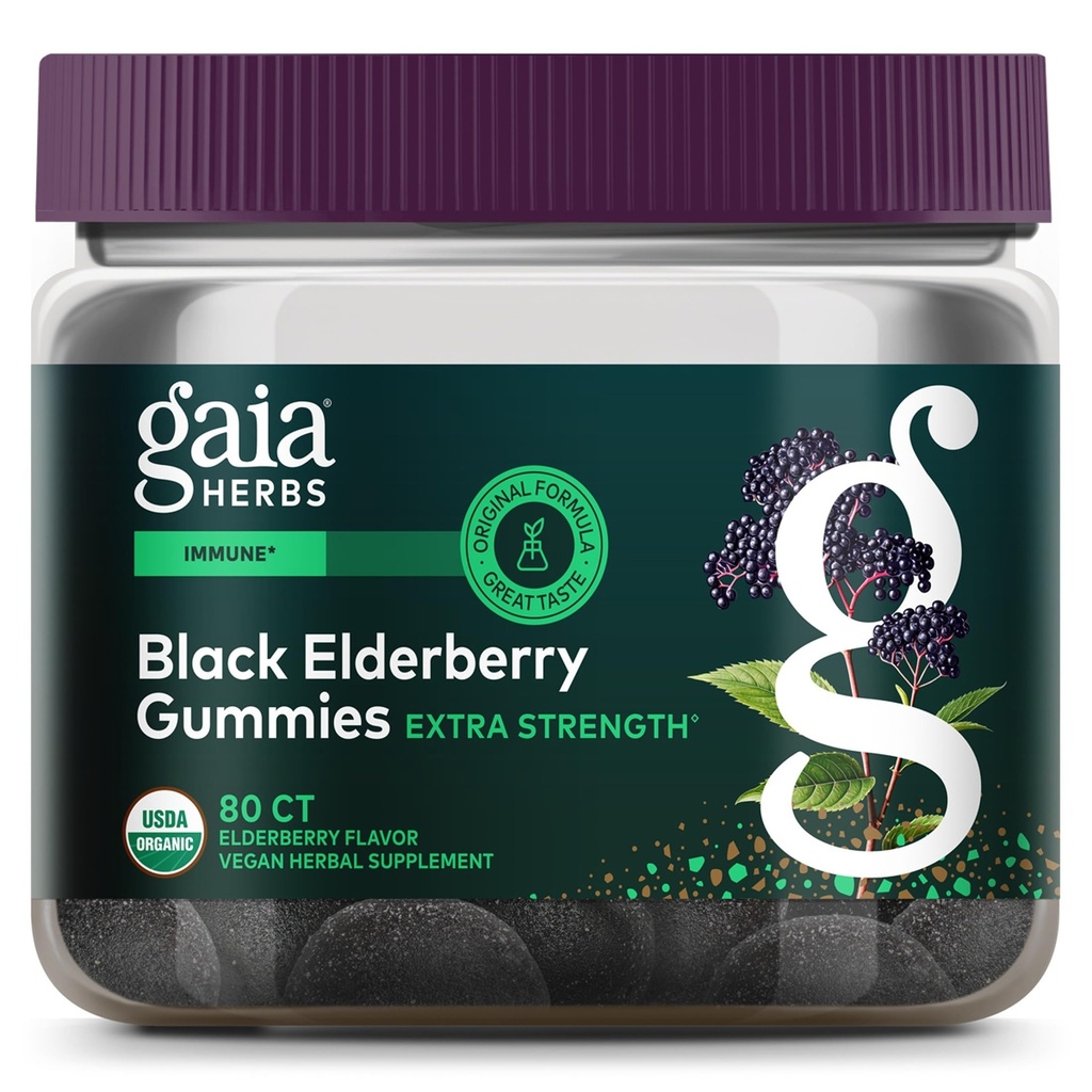 Gaia Herbs Black Elderberry (Sambucus Nigra) Extra Putere Gumies - Delicious Immune Supplement - Made with Certified Organic Black Elderberberries for Immune System Support - 80 Gummies