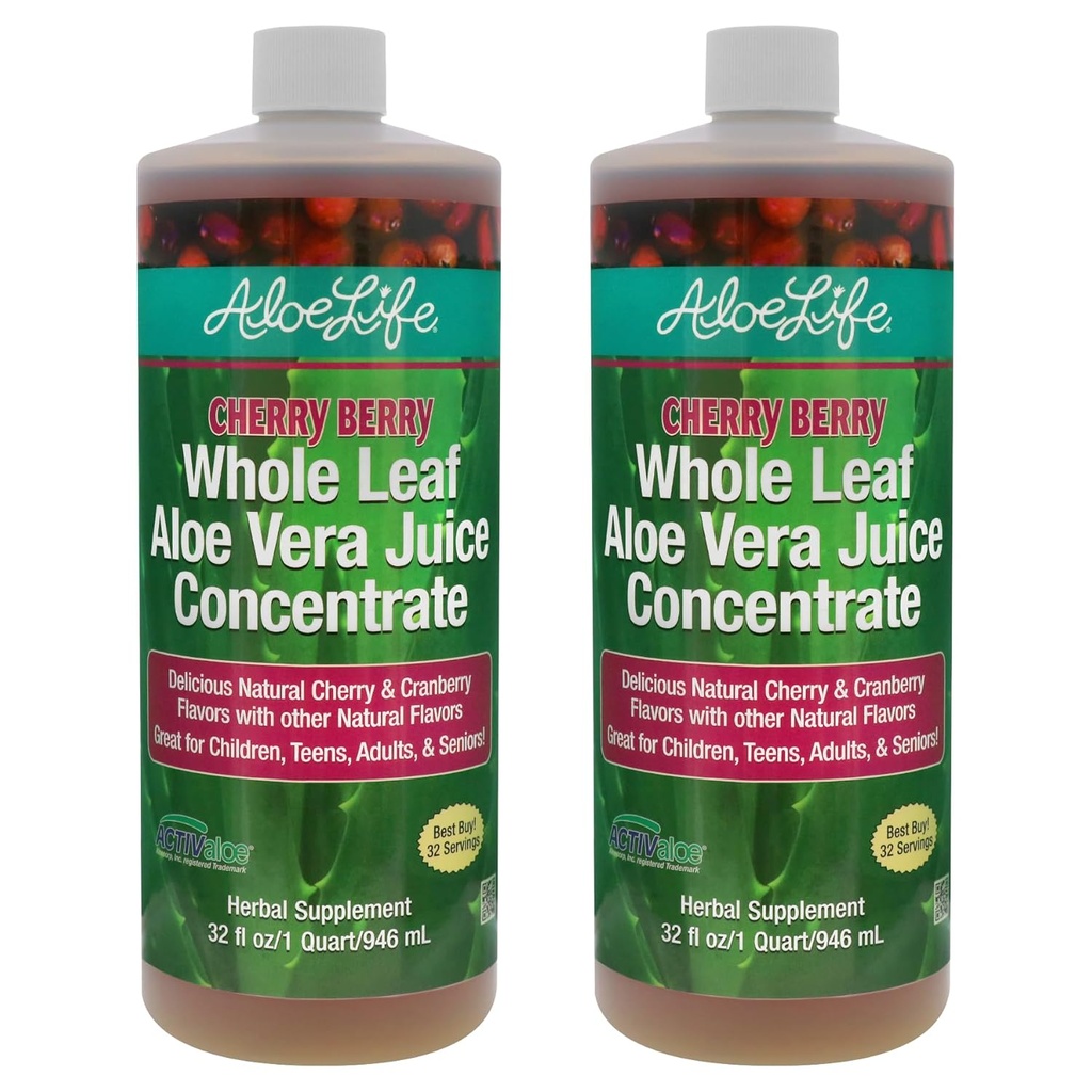 Aloe Life - Whole Leaf Aloe Vera Juice, Organic, Gluten-Free (Cherry Berry, 32 oz)