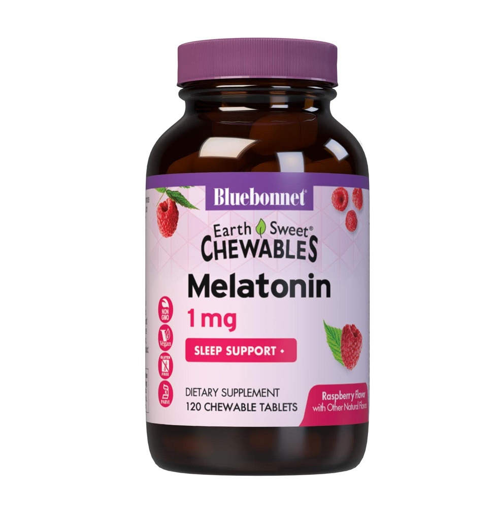 Bluebonnet Nutrition EarthSweet Melatonin 1 mg Rapid-Acțiune rapida relaxare pe timp de noapte și suport somn odihnitor - Ajutor pentru somn - Gluten-Free, Vegan - Aroma de zmeură - 120 comprimate masticabile