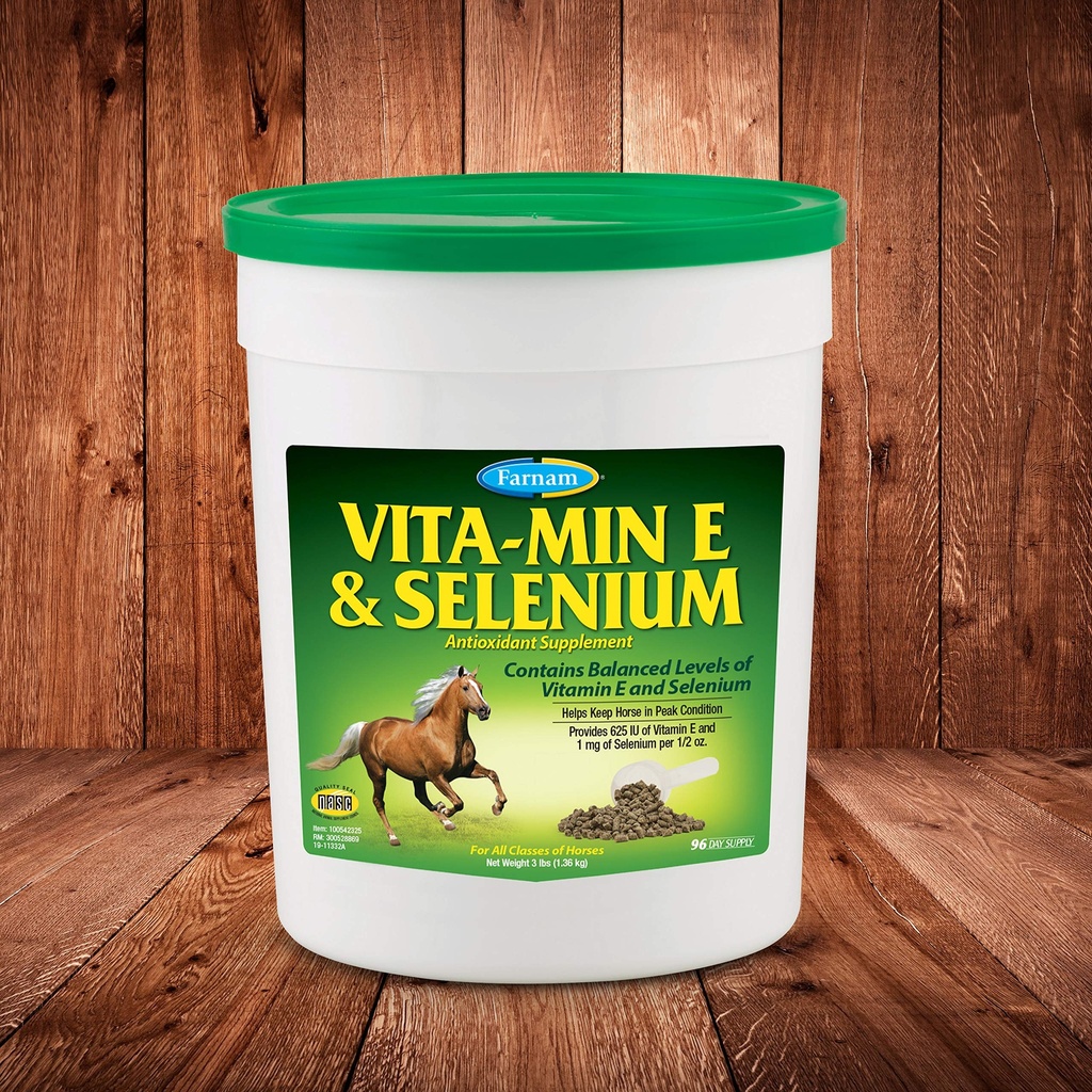 Farnam Vita-Min E & Seleniu Antioxidant Supliment pentru cai, vitamina de cal E Supliment, sanatate musculara si conditie de varf, 3 lb, 96 zile de aprovizionare