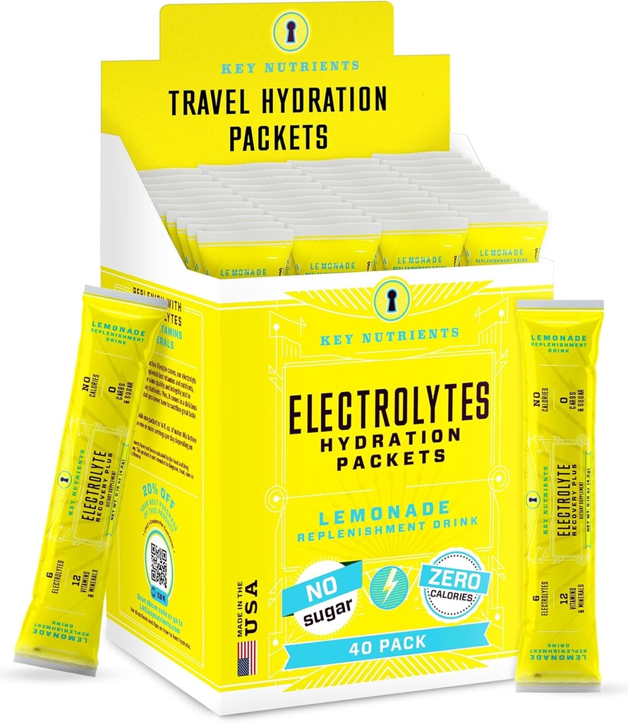 KEY NUTRIENTS Multivitamine Electroliti Hidratare Pachete - Reîmprospătare Lemonade Post Antrenament și recuperare 40 Pack - Fără zahăr, fără calorii - Praf de hidratare călătorie