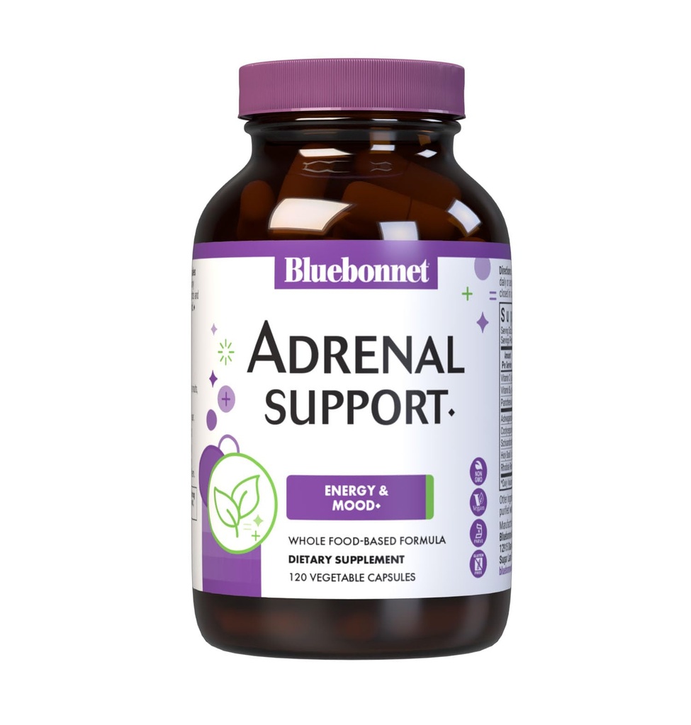 Bluebonnet Nutrition Adrenal Support, Energy & Mood*, Non-GMO, Vegan, Kosher Certified, Gluten-Free, Soy-Free, Dairy-Free, 120 de capsule vegetale, 60 Servings