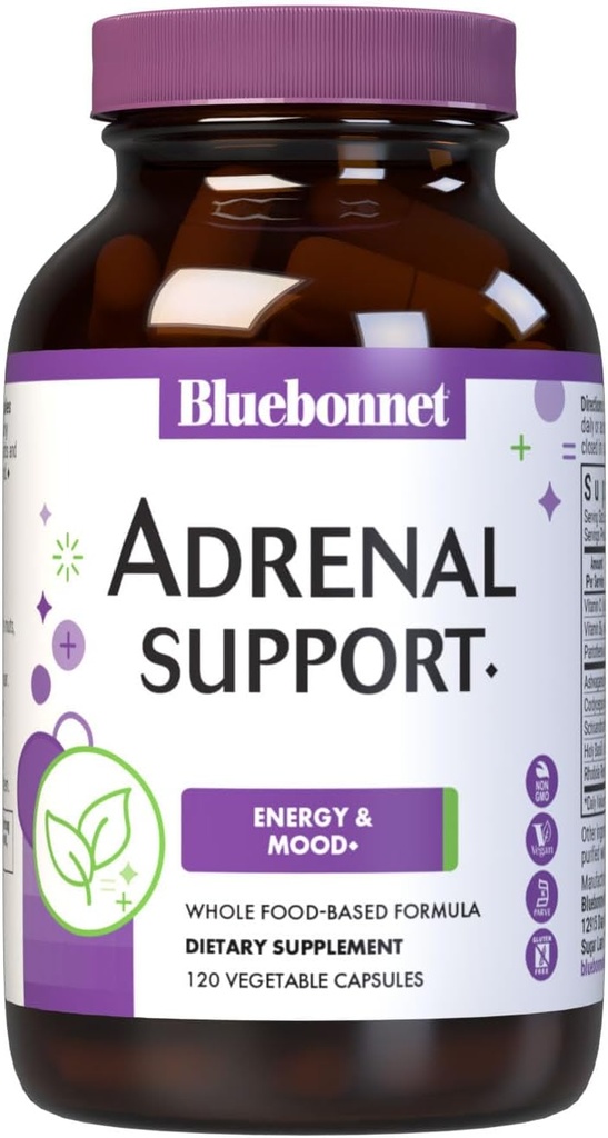 Bluebonnet Nutrition Adrenal Support, Energy & Mood*, Non-GMO, Vegan, Kosher Certified, Gluten-Free, Soy-Free, Dairy-Free, 120 de capsule vegetale, 60 Servings