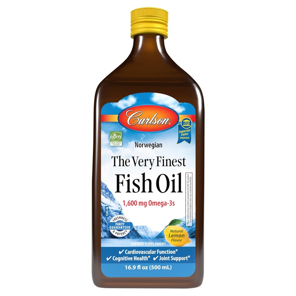 Carlson - Cel mai fin ulei de pește, 1600 mg Omega-3s, Supliment lichid, Norvegian, Wild-Caught, Sustenable Soursed , Lemon, 16,9 Fl Oz