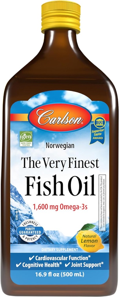 Carlson - Cel mai fin ulei de pește, 1600 mg Omega-3s, Supliment lichid, Norvegian, Wild-Caught, Sustenable Soursed , Lemon, 16,9 Fl Oz