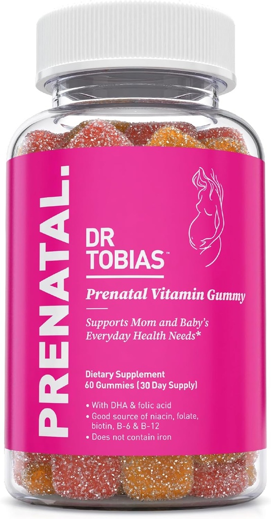 Dr. Tobias Prenatal Vitamina Gummy, Vitamine prenatale gratuite de fier cu DHA și acid folic, Niacin, Biotin, B6, & B12, Include ulei de pește, pentru suport pre-natal, 60 Gumies, 30 Serviri