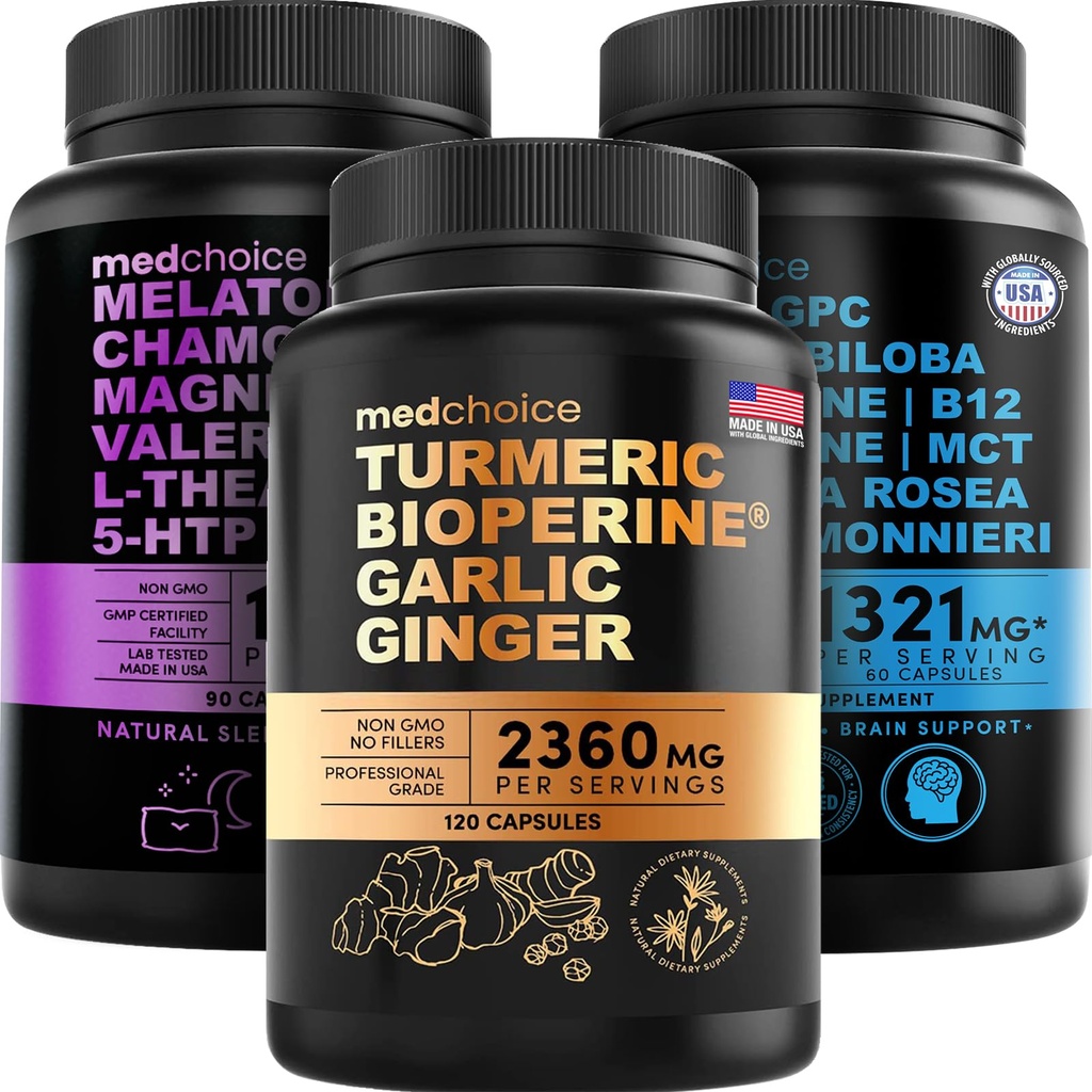 MEDCHOICE Turmeric & Ginger (120ct), Sleep Melatonin (90ct) şi Nootrop Brain (60ct) Suplimentul Bundle - Wellness Trio pentru creier, somn, şi suport imun - Vegan, non-GMO, gluten-free