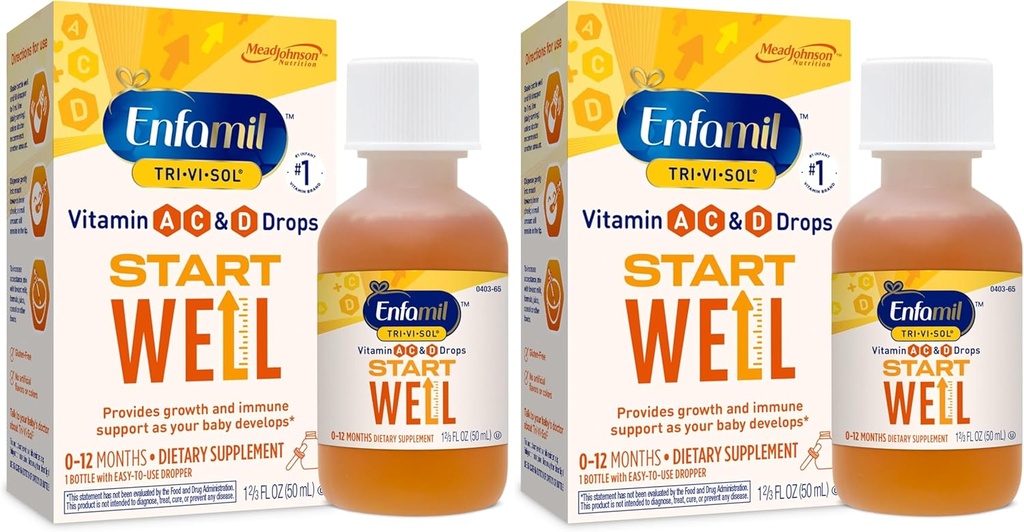Enfamil Prenatals & Baby Vitamins Tri-Vi-Sol Vitamina A, C & D Picături Multi-Vitamin pentru sugari, Sprijină Creștere și Sănătate Imunală, 50 ml flacon picurător,1.69 Fl Oz (Pachet de 2),MJ-030