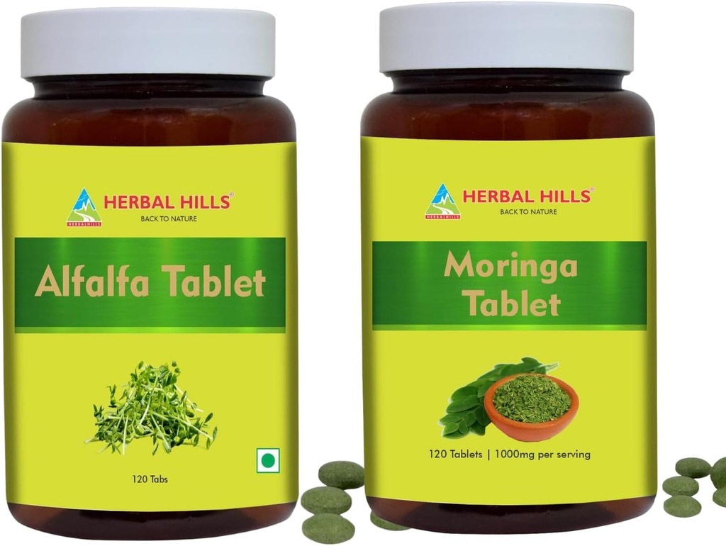 HERBAL HILLS Alfalfa comprimat şi Moringa Leaf comprimat ambalaj de 2 Combo