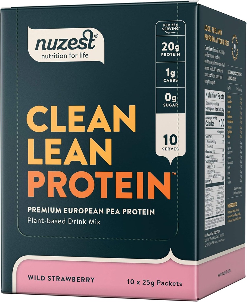 Nuzest - Pea Proteine pulbere - Proteină Lean curat, Premium pe bază de plante Vegan praf de proteine, lactate gratuit, gluten gratuit, OMG-uri, Shake proteine, căpșuni sălbatice, 0,9 oz, (Pachet de 10)