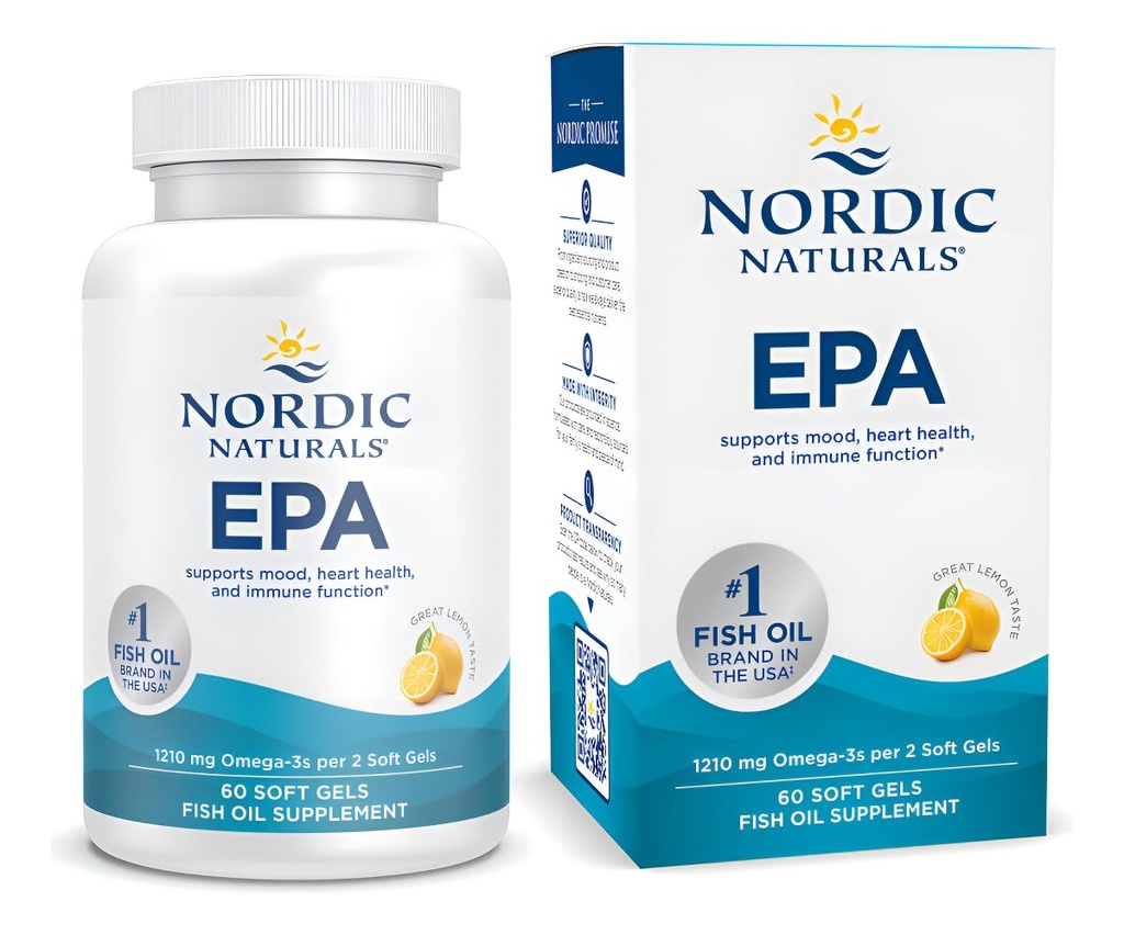 Nordic Naturals EPA, Lemon - 60 Soft Gels - 1210 mg Omega-3 - High-Intensity EPA Formula pentru Mood pozitiv, Heart Health & Healthy Imunity - 30 Servings